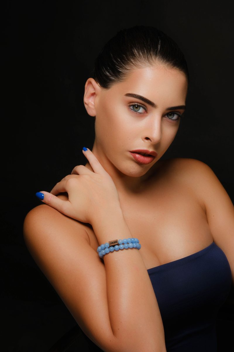 Light Blue Aquamarine & Wood Beaded Bracelet | Unisex Bracelet - Image 2
