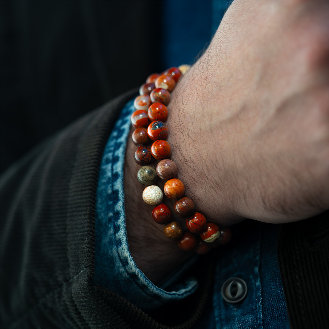 Picture Jasper & Wood Beaded Bracelet | Unisex Bracelet - Image 2